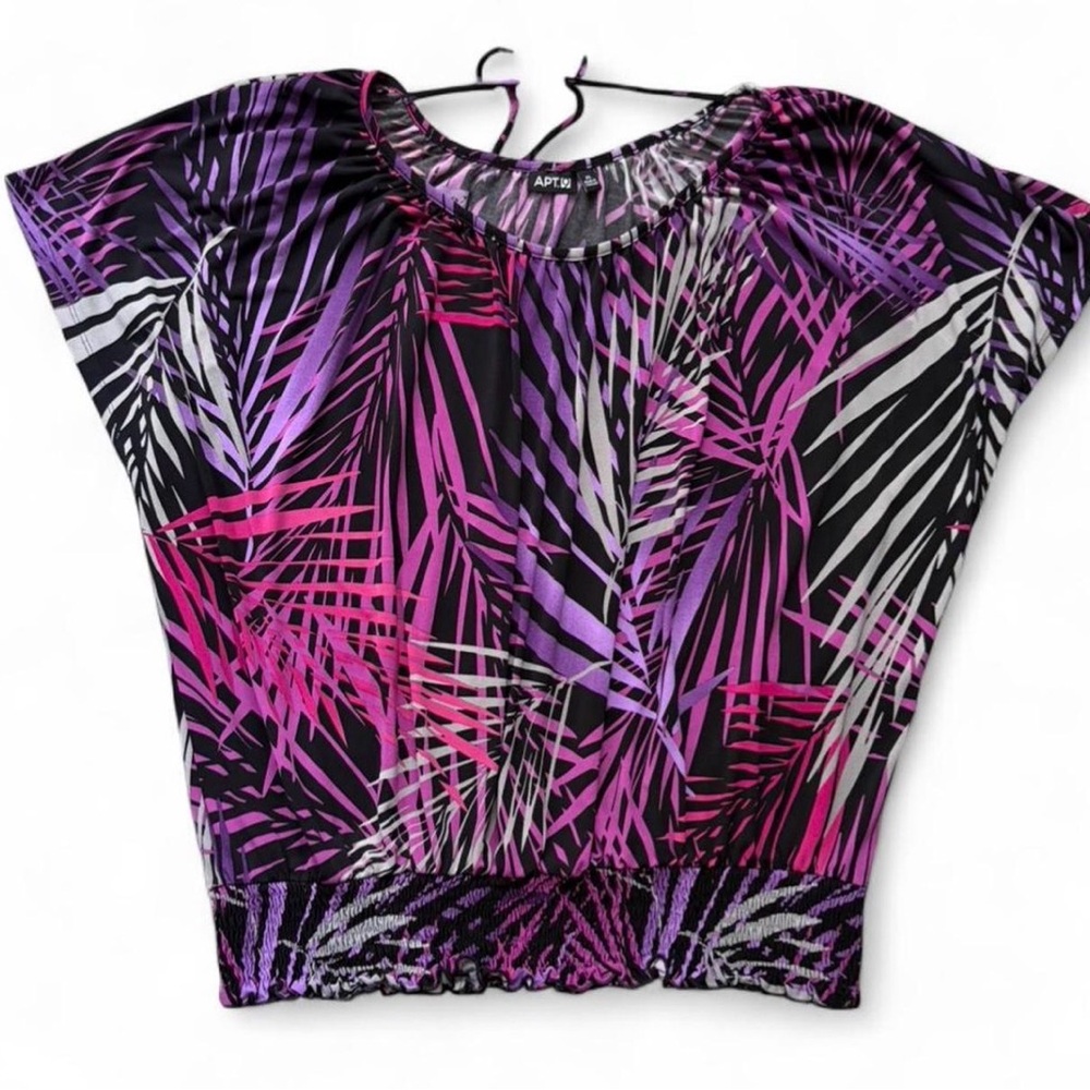 Apt. 9 Black Purple Pink Palm-Print Blouson Top, Sz XL
